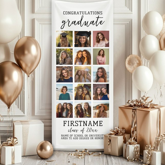 15 Photo Collage Graduation Modern Minimal White Banner (Custom Graduation Photo Banner - Great backdrop and Graduation Party Decoration)