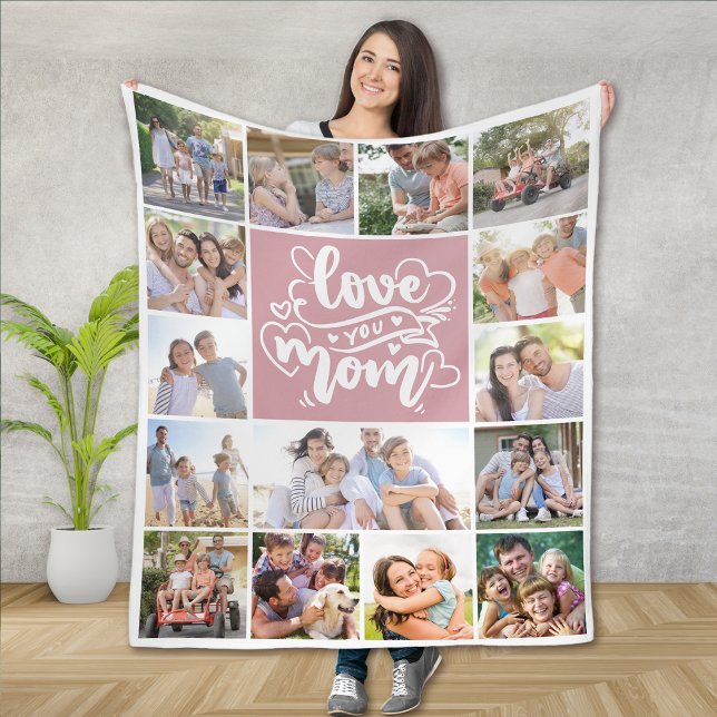 15 Photo Collage Love You Mom Pink Fleece Blanket (Creator Uploaded)