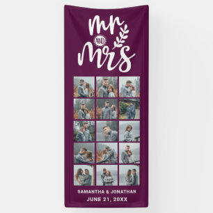15 Photo Collage Plum & White Mr. & Mrs. Wedding Banner