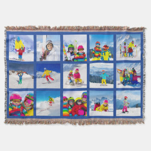15 Photo Grid Collage Dark Blue Throw Blanket