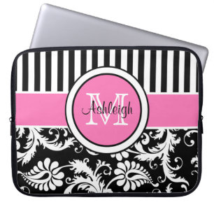 15" Pink Black White Damask Striped Laptop Sleeve