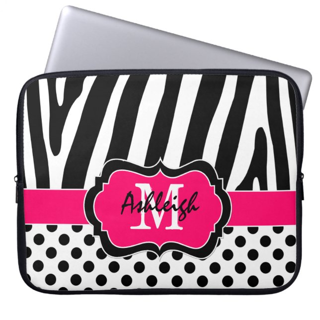 15" Pink Black Zebra Stripes Polka Dot Laptop Case (Front)