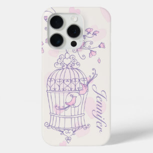 15 Pro Coque iphone des oiseaux et des cages rose et viol