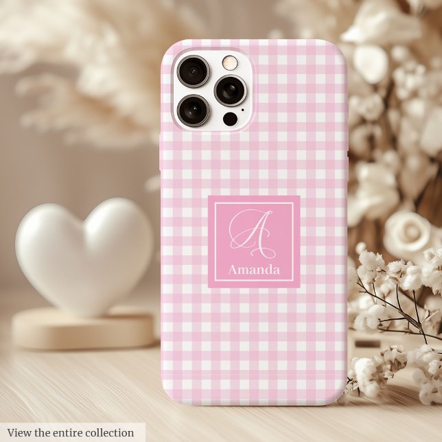 15 Pro Max Coque iPhone carreaux rose moderne – Accent nom tr (Trendy Pink Plaid iPhone Case Elegant Custom Name)