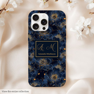 15 Pro Max Coque iPhone Navy Gold Lux Monogram Accent Floral