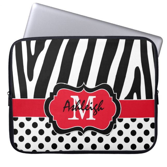 15" Red Black Zebra Stripes Polka Dots Laptop Case (Front)