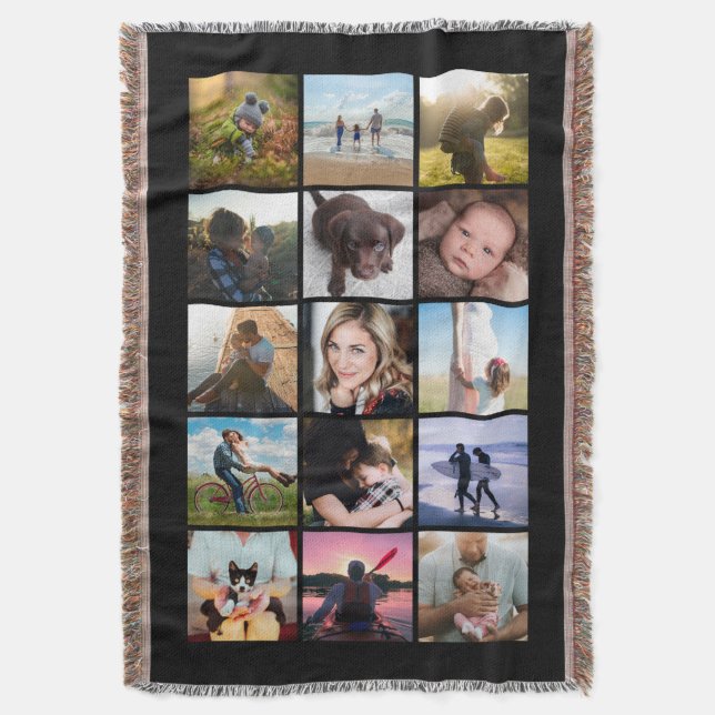 15 Square Photo Collage Keepsake Black Throw Blanket (Front Vertical)