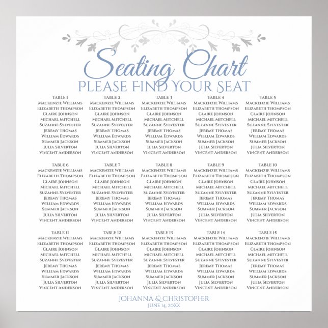 15 Table Blue & Gray Wedding Seating Chart (Front)