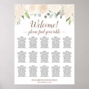 15 Table Blush Peach Roses Wedding Seating Chart
