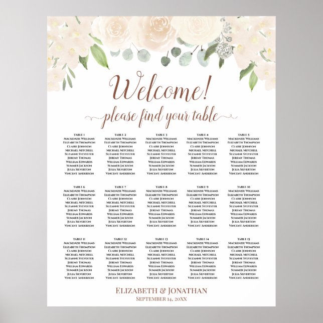 15 Table Blush Peach Roses Wedding Seating Chart (Front)