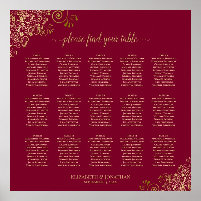 15 Table Burgundy & Gold Wedding Seating Chart (Front)