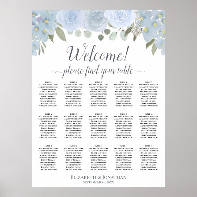 15 Table Dusty Blue Gray Roses Seating Chart (Front)