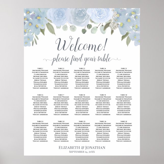 15 Table Dusty Blue Gray Roses Seating Chart (Front)