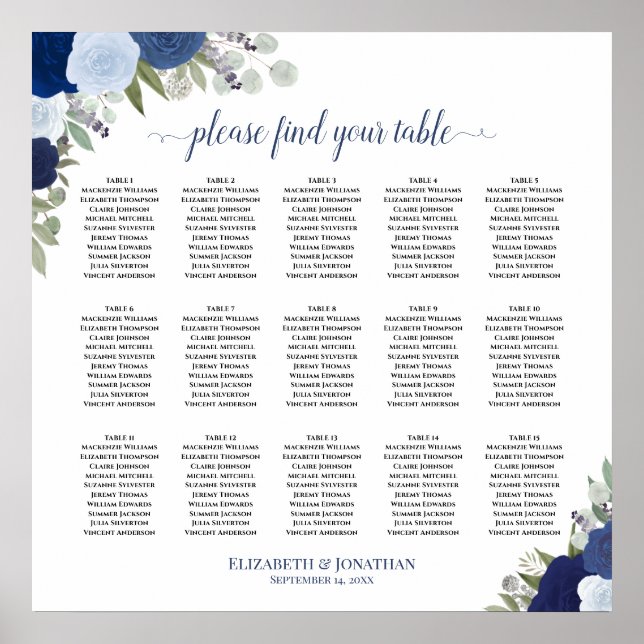 15 Table Elegant Blue Roses Wedding Seating Chart (Front)