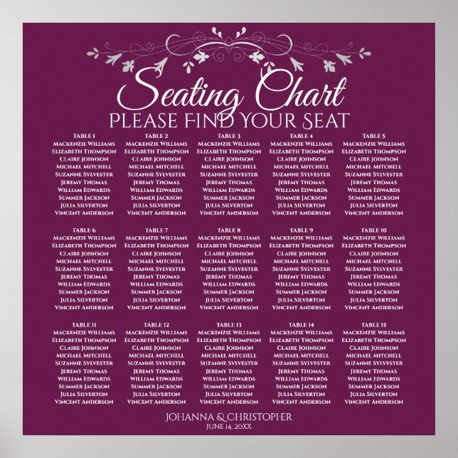 15 Table Elegant Magenta Wedding Seating Chart (Front)