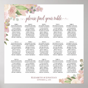 15 Table Elegant Pink Floral Wedding Seating Chart