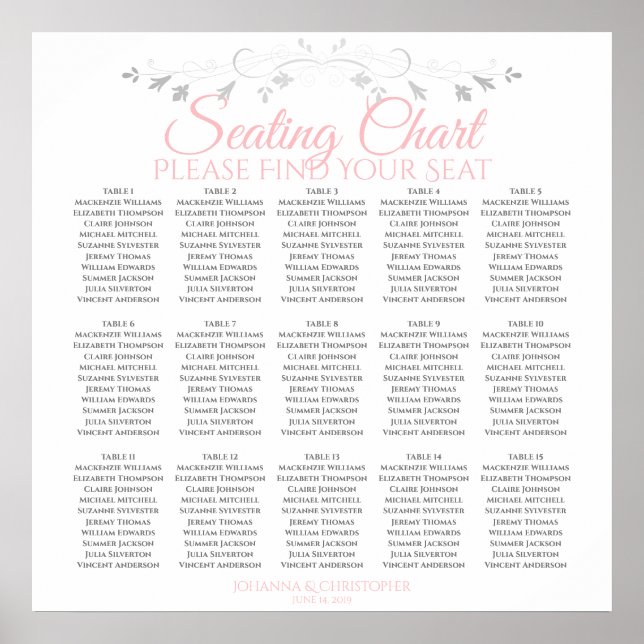 15 Table Elegant Pink & Grey Wedding Seating Chart (Front)