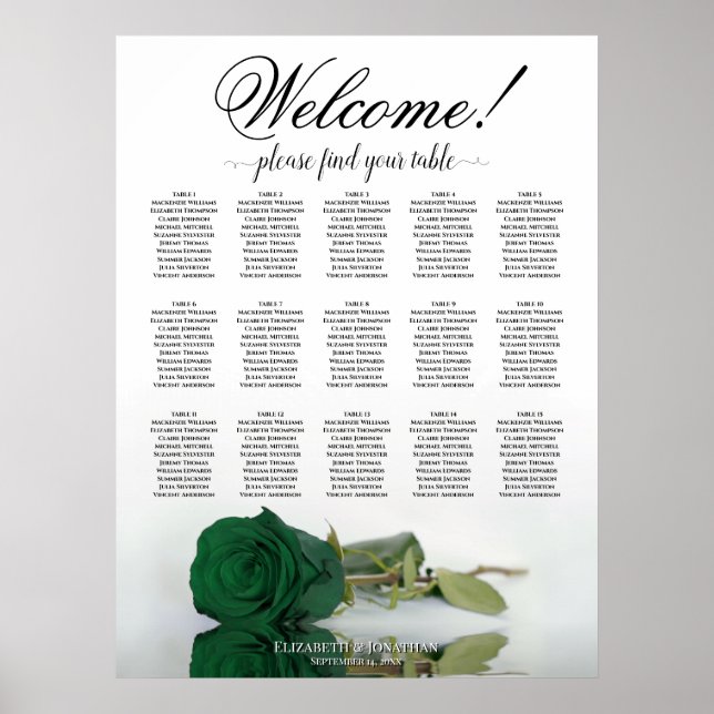 15 Table Emerald Green Rose Wedding Seating Chart (Front)