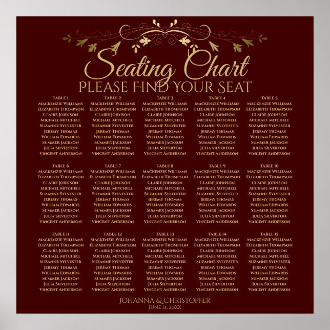 15 Table Gold & Auburn Brown Wedding Seating Chart (Front)
