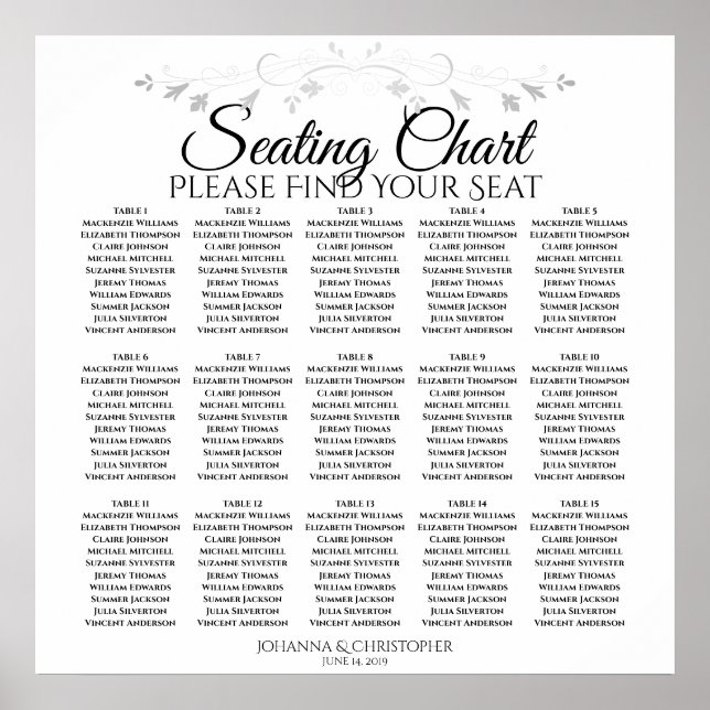 15 Table Silver Filigree Wedding Seating Chart (Front)