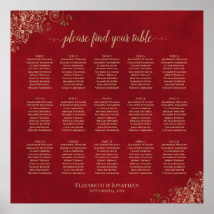 15 Table Wedding Seating Chart Gold Lace on Red