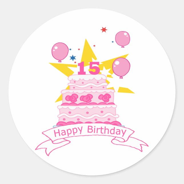 15 Year Old Birthday Cake Classic Round Sticker (Front)