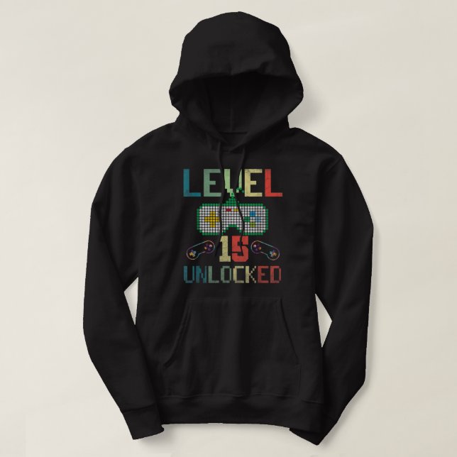 15 Year Old Gifts Level 15 Unlockd 15th Birthday V Hoodie (Design Front)