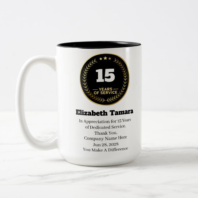 15 Year Work Anniversary | Employee Appreciation Two-Tone Coffee Mug (Left)