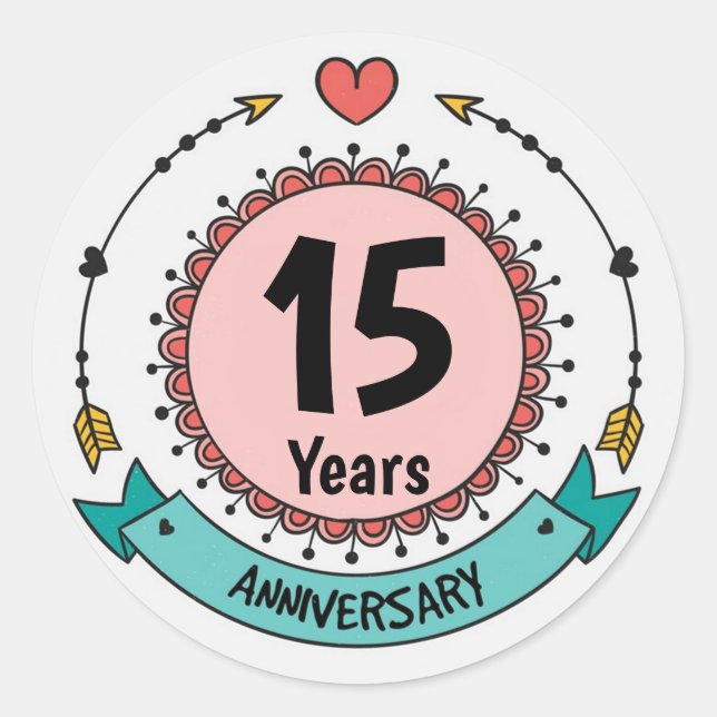 15 Years Anniversary with Hearts and Arrows Classic Round Sticker (Front)