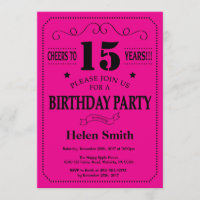 15e anniversaire Invitation Black and Hot Pink