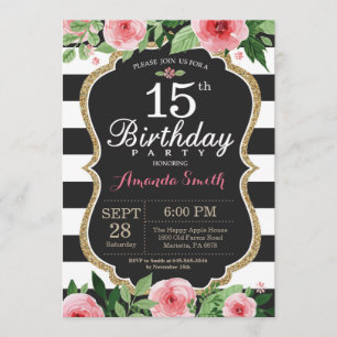 15e anniversaire Invitation Femmes. Or floral noir