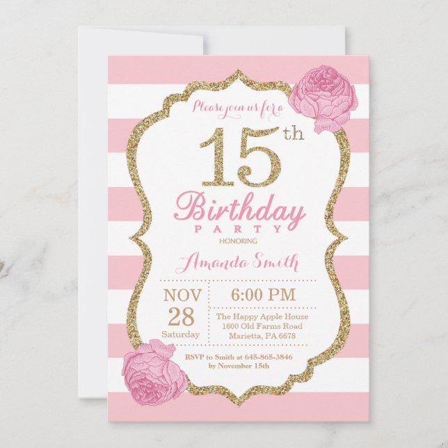 15e anniversaire Invitation Florale rose et or (Devant)