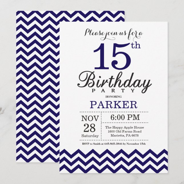 15e anniversaire Invitation Marine Blue Chevron (Devant / Derrière)