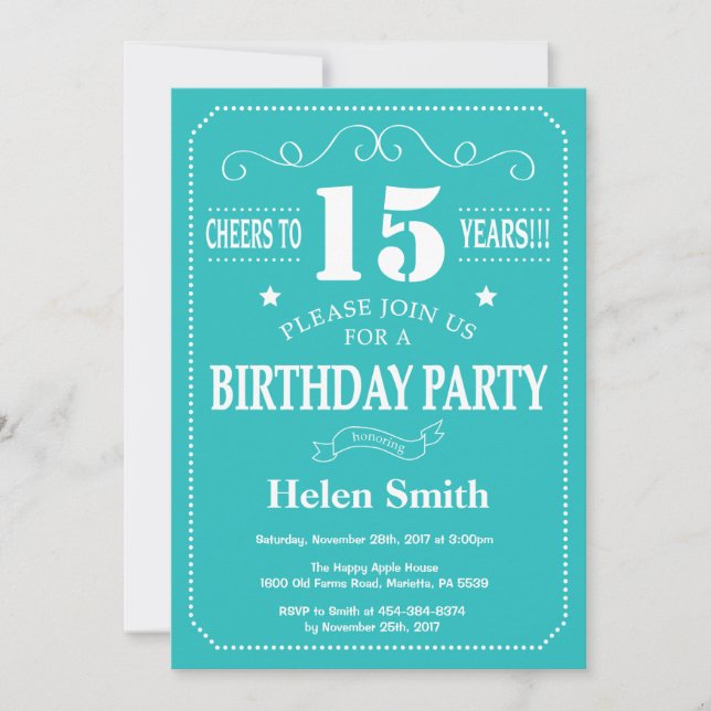 15e anniversaire Invitation Turquoise et blanche (Devant)