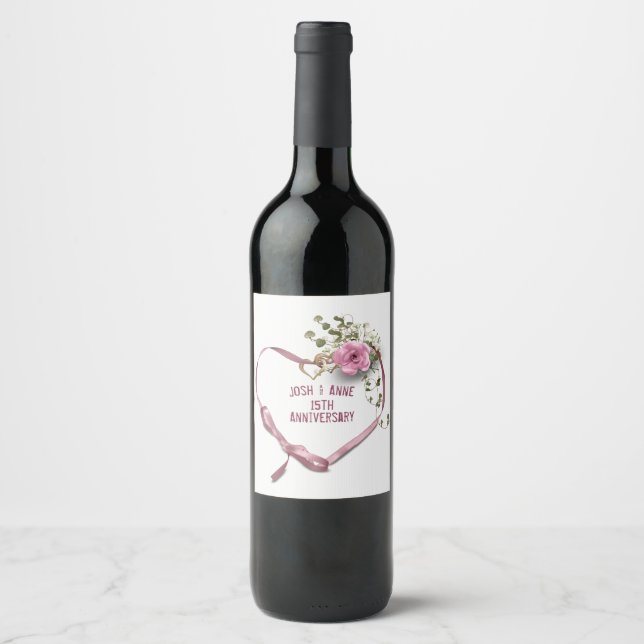 15e Anniversaire Pink Heart Ribbon Wine Étiquette (Devant)