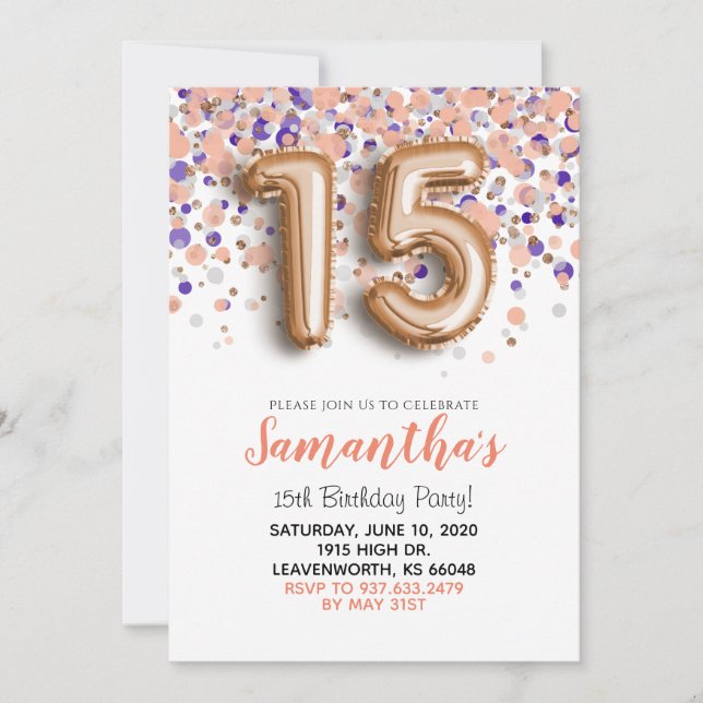 15e anniversaire Rose Gold Confetti Invitation (Devant)