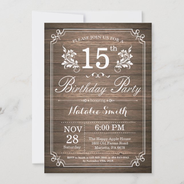 15ème invitation rustique d'anniversaire florale (Devant)