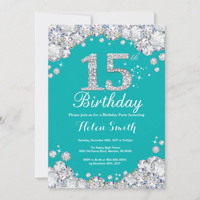 15ème Invitation Teal d'anniversaire et diamant (Devant)