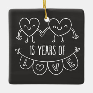 15th Anniversary Gift Chalk Hearts Ceramic Ornament