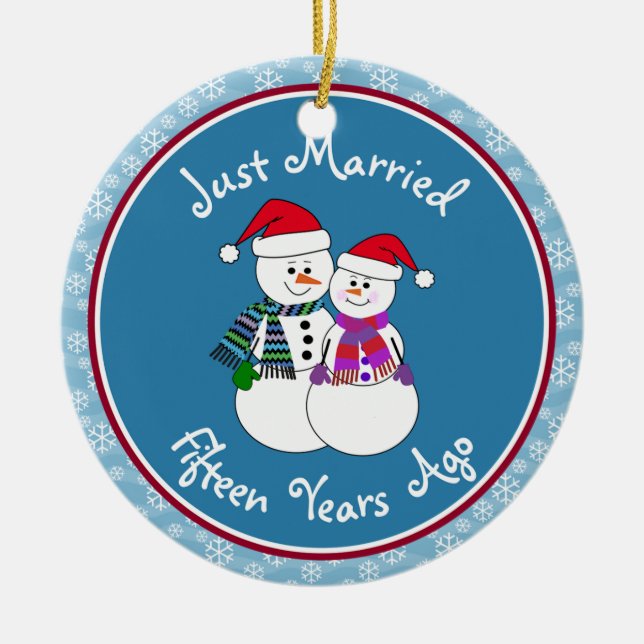 15th Anniversary Gift Fun Snow Couple Christmas Ceramic Ornament (Front)