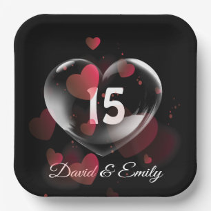 15th Anniversary Heart Bubble With Red Hearts  Paper Plate