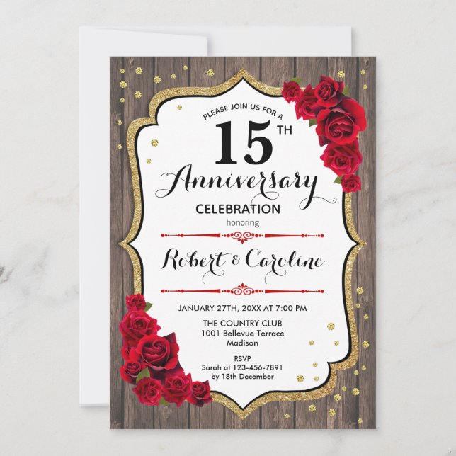 15th Anniversary Invitation - Wood Gold Red (Front)
