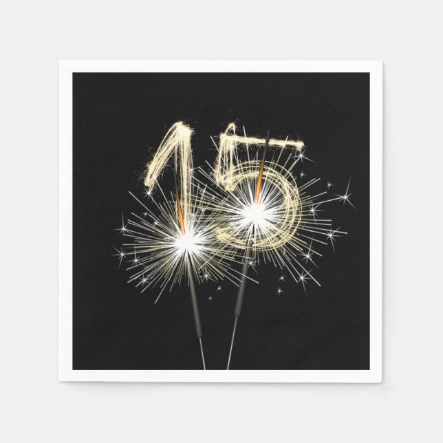 15th Anniversary Party Sparklers on Black  Napkin (Front)