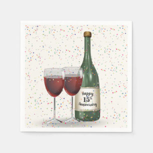 15th Anniversary Party Wine Bottle and Two Glasses Napkin