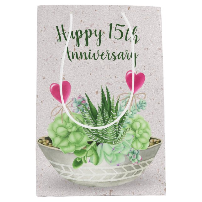 15th Anniversary Pink Hearts in Succulents  Medium Gift Bag (Front)