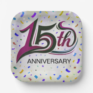 15th Anniversary Text With Party Confetti Paper Plate