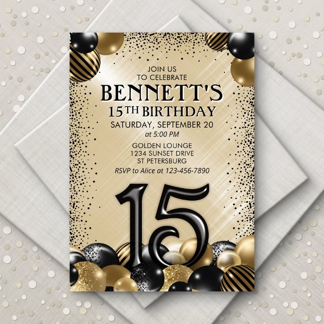15th Balloons Black Gold Birthday Invitation (Creator Uploaded)