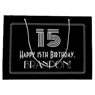 15th Birthday — Art Deco Inspired Look "15" & Name Large Gift Bag