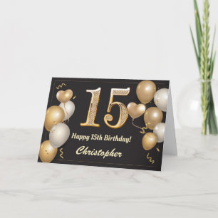 15th Birthday Black and Gold Balloons Birthday Card