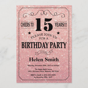 15th Birthday Black and Pink Rose Gold Glitter Invitation